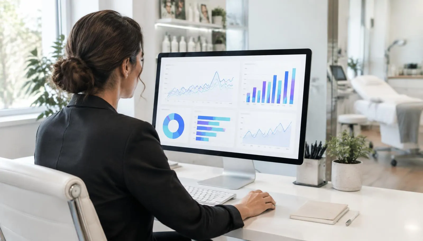 Med spa practice manager reviewing abstract search analytics charts at a desktop monitor