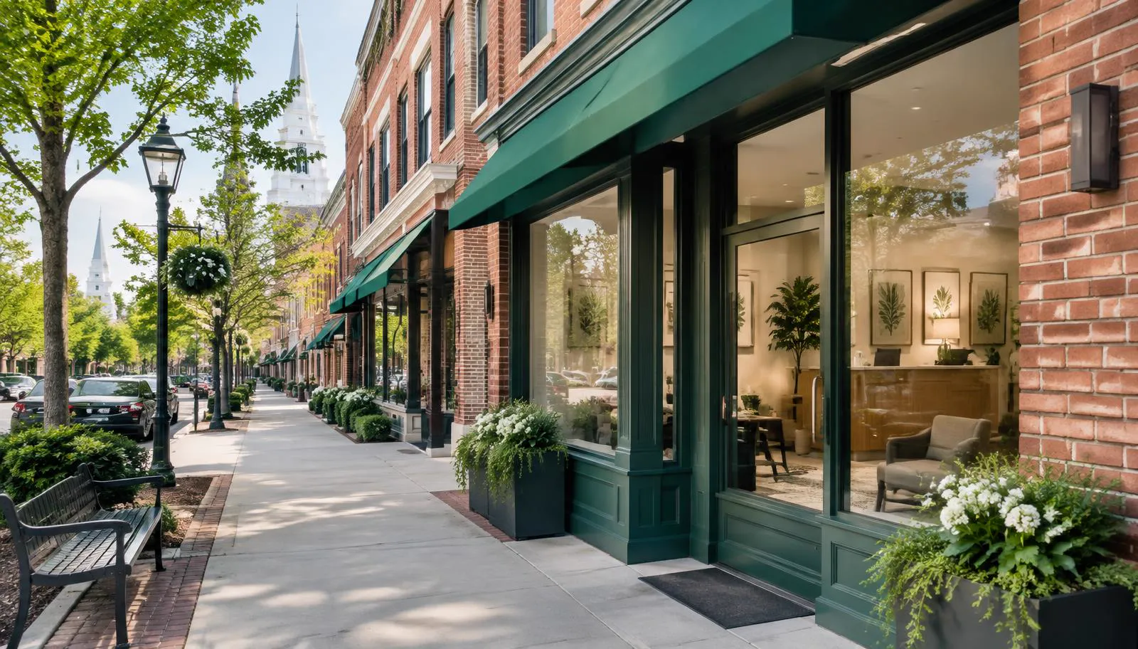 Premium medical spa storefront on a brick-lined street in Andover Massachusetts
