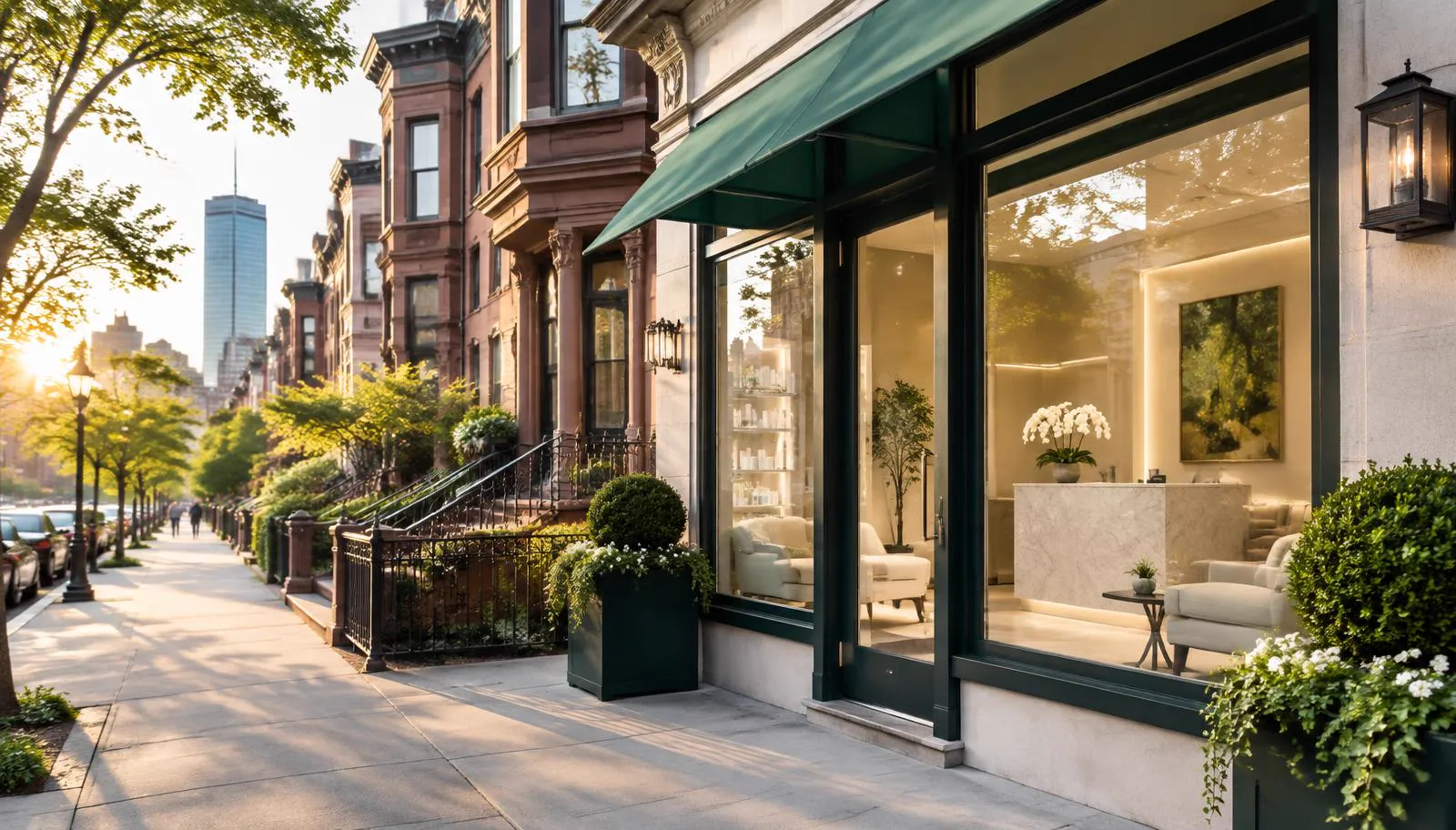 Upscale medical spa storefront on a Boston Back Bay street at golden hour