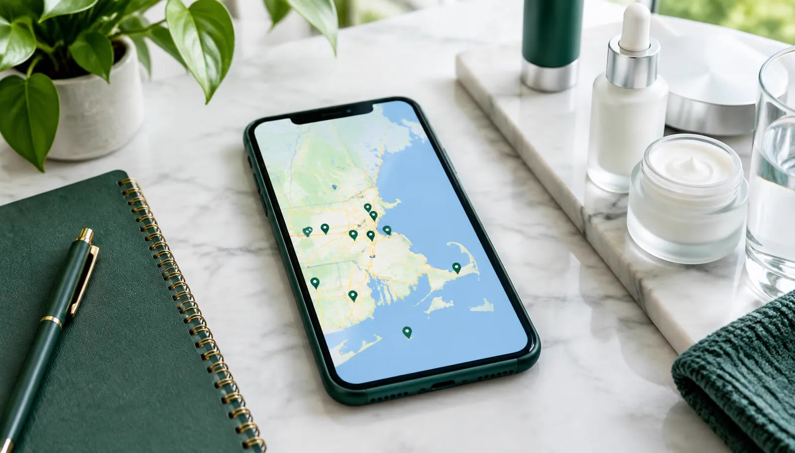 Phone showing Massachusetts map pins beside premium skincare products