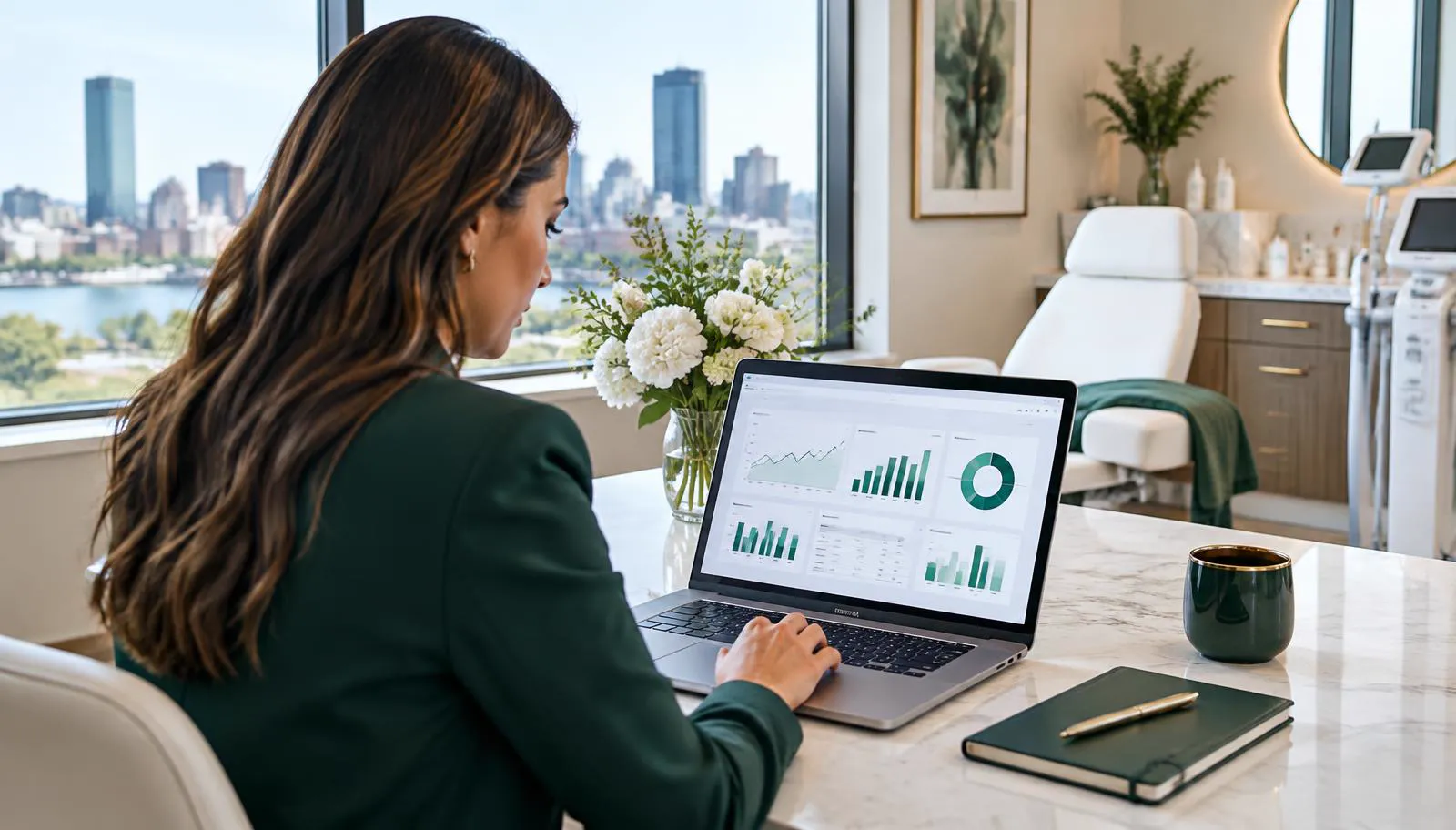 Marketing specialist reviewing advertising results inside a Massachusetts medical spa