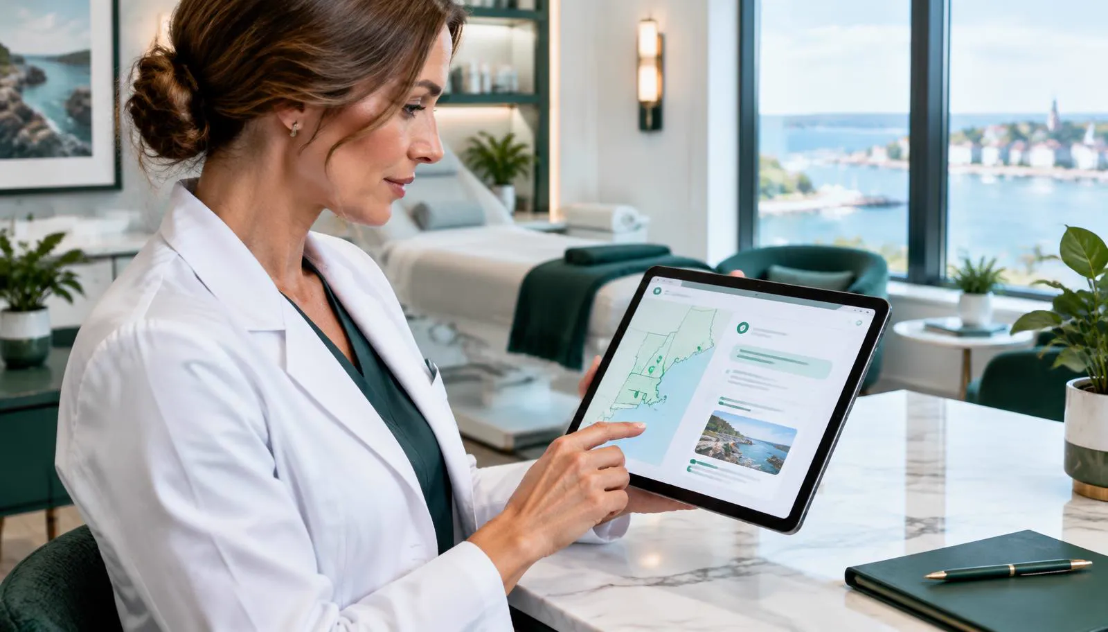 Medical spa clinician reviewing an AI search interface and New England map on a tablet
